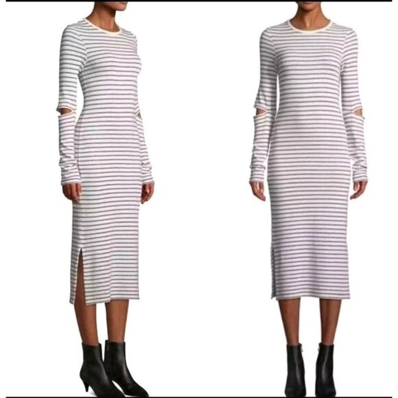 Current Elliott Quince Stripe Midi Dress Gray White Size 1 (Small) Cut Out Elbow - Picture 1 of 5